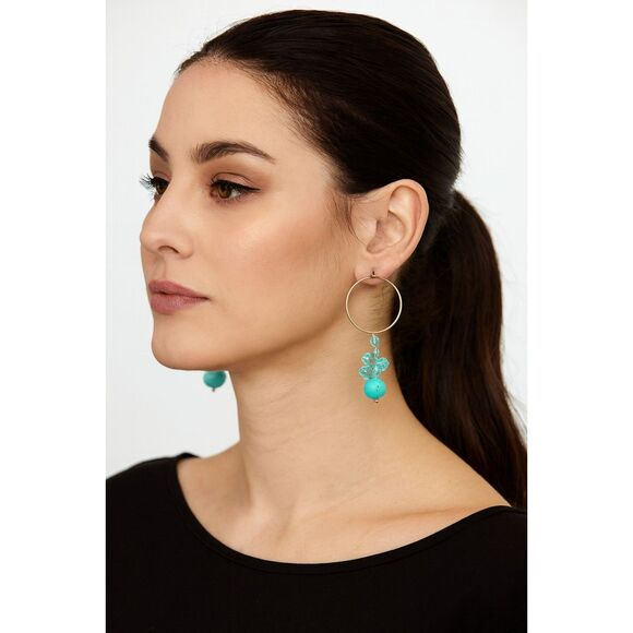 Sterling Silver Dangling Hoop Earrings Turquoise Beaded Native American Jewelry - Picture 1 of 4